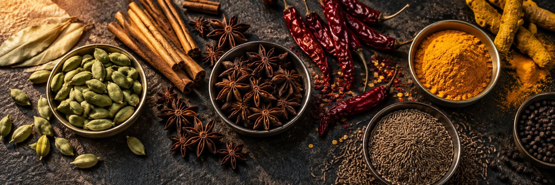 Atmosphere: whole Indian spices, turmeric and dried chilies on a dark stone surface