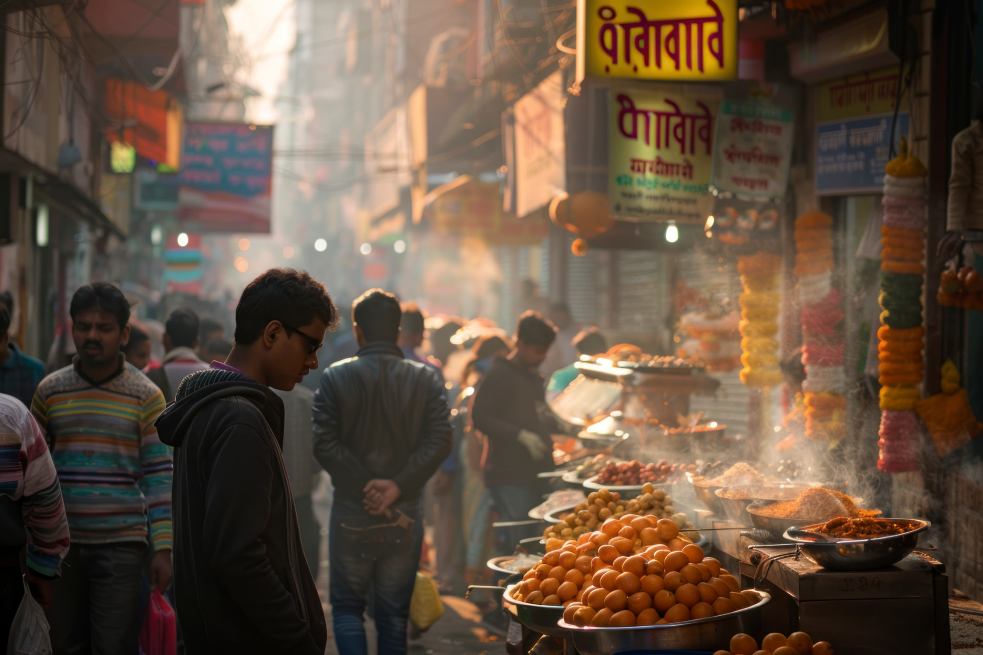 A crowded Indian eating lane at dusk, with vendors cooking over open flames