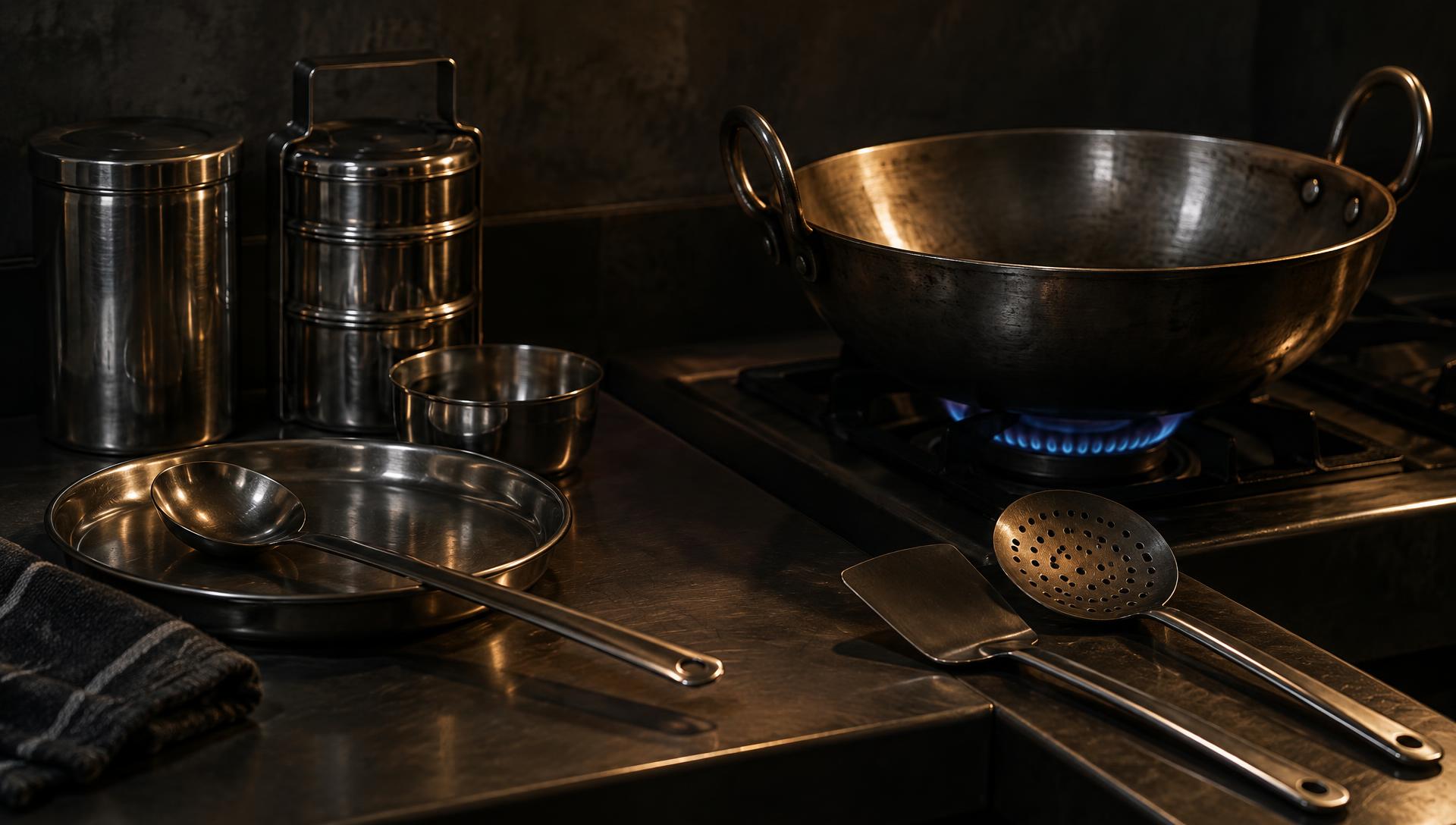 Atmosphere: separate sets of steel cooking tools and an empty kadai over a low flame