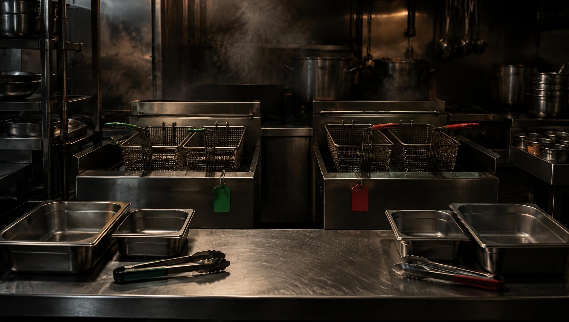 Atmosphere: two separate fryer stations and separate tool sets on a steel kitchen line