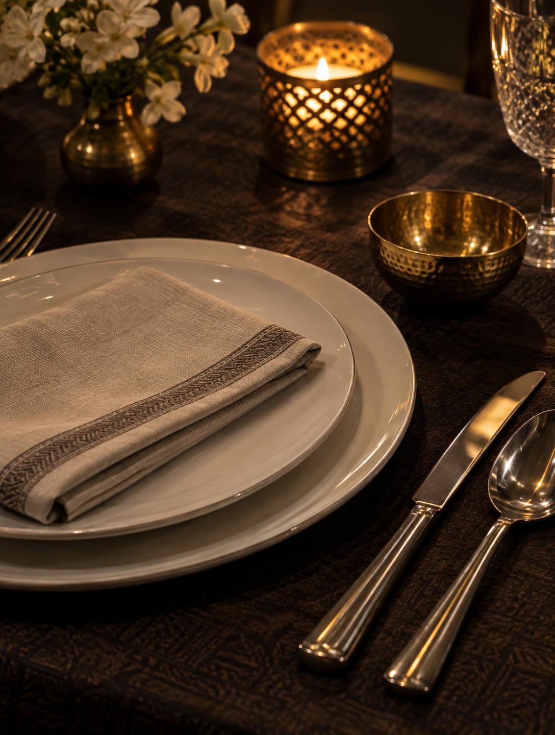 Atmosphere: a table service detail with stacked plates, cutlery, linen and a brass bowl