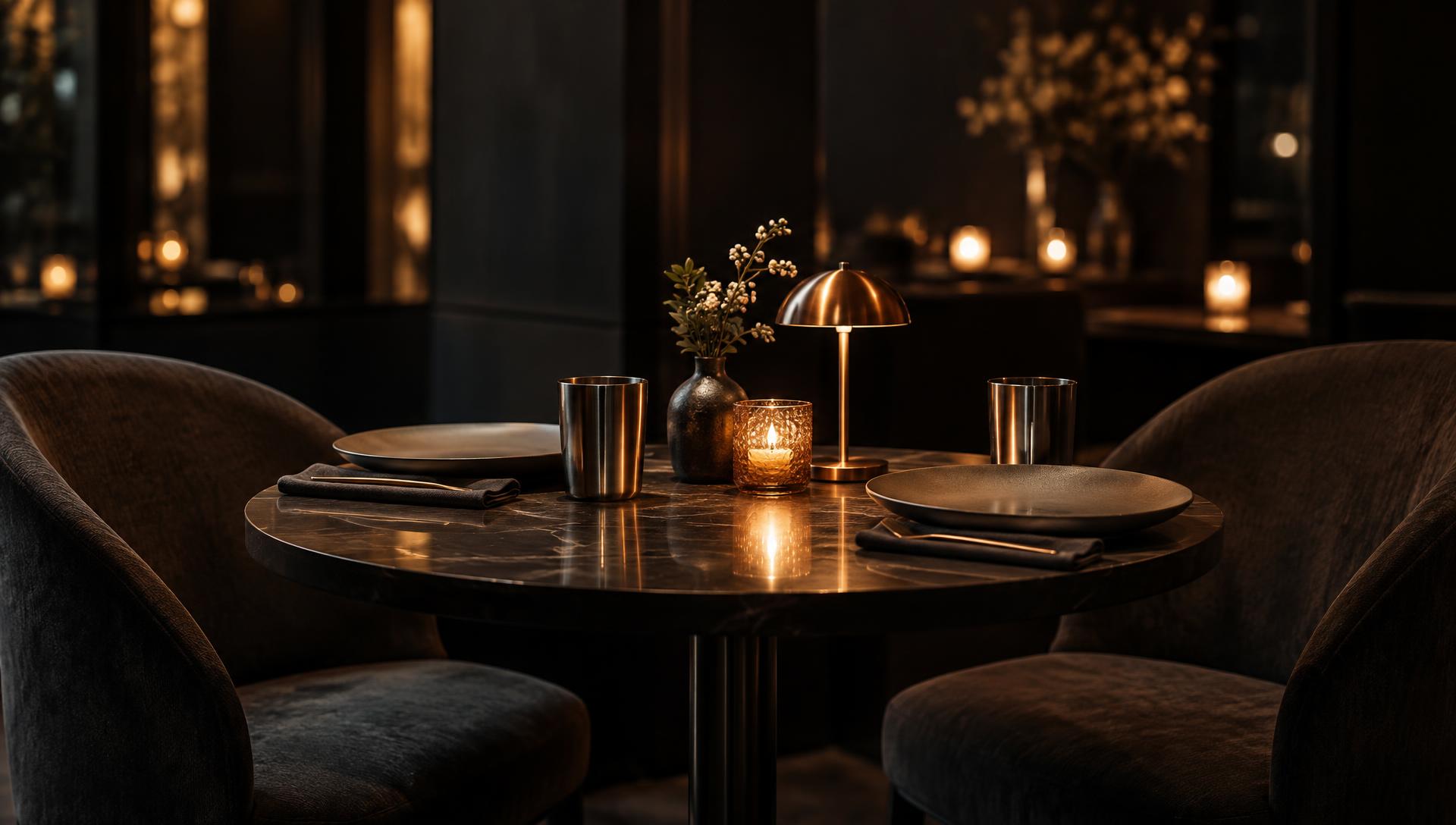 Atmosphere: a candlelit dining table set for two in a dark room